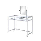 Saltoro Sherpi 2 Piece Metal Vanity Set, Tempered Glass, Faux faux Seat, 1 Shelf, Silver-