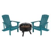 Flash Furniture 3 Piece Charlestown Sea Foam Poly Resin Wood Adirondack Chair Set with Fire Pit - Star and Moon Fire Pit with Mesh Cover