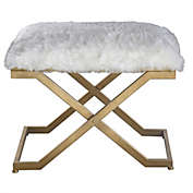 Contemporary Home Living 24" White and Gold Faux Fur Cushioned Stool with Metal Base