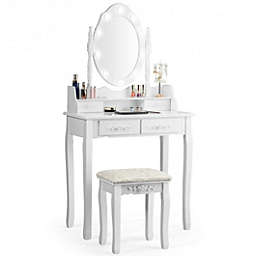 Costway Makeup Vanity Dressing Table Set with Dimmable Bulbs Cushioned Stool-White