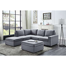 Contemporary Home Living Set of 6 Lava Gray Marta Linen 6-Seat Reversible Modular Sectional Sofa with Ottoman, 7.75'