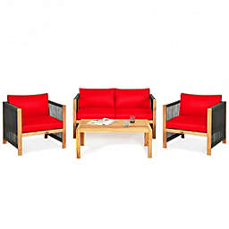 Costway 4 Pcs Acacia Wood Outdoor Patio Furniture Set with Cushions-Red