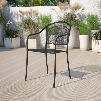 Emma + Oliver Commercial Grade Black Indoor-Outdoor Steel Patio Arm Chair with Round Back