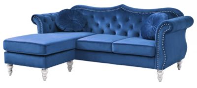 Passion Furniture Hollywood 81 in. Navy Blue Velvet Chesterfield Sectional Sofa with 2-Throw Pillow