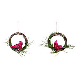 Contemporary Home Living Set of 2 Red and Green Wood Christmas Cardinal Ring Decor 7.75