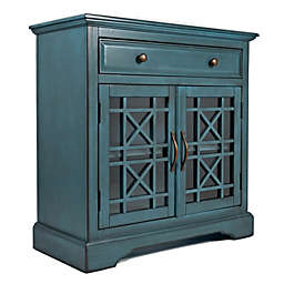Benzara Craftsman Series 32 Inch Wooden Accent Cabinet with Fretwork Glass Front, Blue