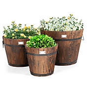 Costway-CA 3 Pieces Wooden Planter Barrel Set with Multiple Size for Decorative Flower Bed