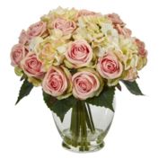 Nearly Natural 12" Pink Rose and White Hydrangea Artificial Flower Arrangement in Vase