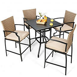 Costway 5 Pieces Outdoor Rattan Bistro Bar Stool Table Set with Cushions