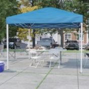 Flash Furniture Otis Portable Tailgate/Event Tent Set - 10'x10' Blue Pop Up Canopy Tent, 6-Foot Bi-Fold Table, Set of 4 White Folding Chairs