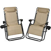 Sunnydaze Oversized Folding Fade-Resistant Outdoor XL Zero Gravity Lounge Chairs with Pillow and Cup Holder - Khaki - 2-Pack