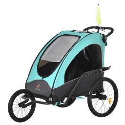 Aosom Child Bike Trailer 3 In1 Foldable Jogger Stroller Baby Stroller Transport Carrier with Shock Absorber System Rubber Tires Adjustable Handlebar Kid Bicycle Trailer Green and Grey
