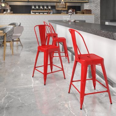 Flash Furniture Kai Commercial Grade 24" High Red Metal Indoor-Outdoor Counter Height Stool with Removable Back. View a larger version of this product image.