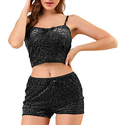 Allegra K Women's Velvet Lingerie Set Cami Crop Shorts Camisole Pajama Set S Black