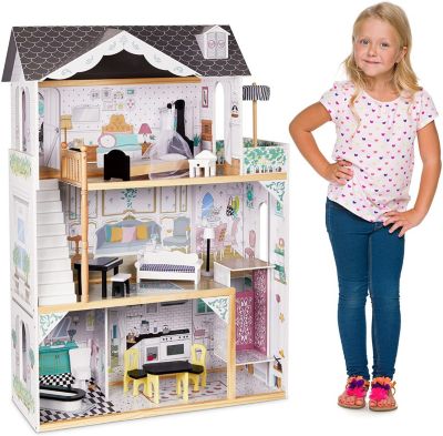 Jumbl Kids Wooden Dollhouse, with Elevator, Balcony & Stairs, Accessories & Furniture Included X-Large 3 Story Easy to Assemble Doll House Toy