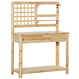 Outsunny Potting Bench Table, Garden Work Bench, Wooden Workstation with Tiers of Shelves and Drawer for Patio, Courtyards, Balcony, Natural