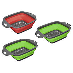 Unique Bargains Collapsible Colander Set, 3 Pieces Silicone Square Foldable Strainer with Handle Kitchen Suitable for Pasta, Vegetables, Fruit - 2 Large Green 1 Small Red