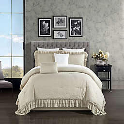 Chic Home Kensley Comforter Set Washed Crinkle Ruffled Flange Border Design Bed In A Bag Beige, Queen