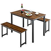 Slickblue 3 Pieces Modern Dining Table Bench Set with Wooden Tabletop and Metal Frame