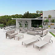 GDFStudio West Coral 7 Piece Dining Set + Sofa Set + 4pc Chat Set + Dark Gray Fire Pit + 2 Chaise Lounges