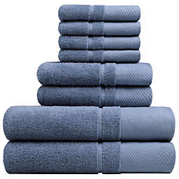 PiccoCasa 100% Combed Cotton 8 Piece Towel Set (4 Wash Towels, 2 Hand Towels, 2 Bath Towels), Soft 600 GSM Luxury Absorbent for Bathroom Shower Towel Steel Blue