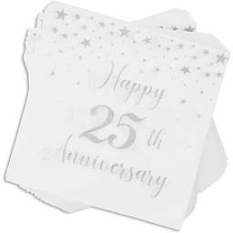 Blue Panda White and Silver Paper Napkins for 25th Anniversary Party Supplies (6.5 In, 100 Pk)