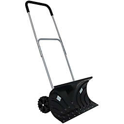 CASL Brands Outdoor Heavy-Duty Rolling Snow Plow Pusher Shovel with Plastic Wheels and Adjustable Aluminum Handle - 26