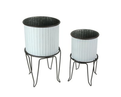 PD Home & Garden Set of 2 White / Charcoal Round Metal Tub Planters On Stands