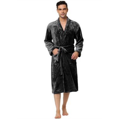 Lars Amadeus Men's Black Plush Shawl Collar Robe Long Sleeves Spa Flannel Fleece Pocket Lightweight Solid Bathrobe with Belt Small