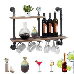 Infinity Merch Wine Racks Wall Mounted Kitchen Metal Rustic Pipe Brown