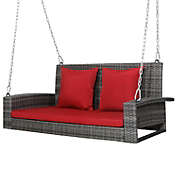 Slickblue 2-Person Patio PE Wicker Hanging Porch Swing Bench Chair Cushion 800 Pounds-Red