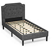 Costway-CA Linen Twin Upholstered Platform Bed with Frame Headboard Mattress Foundation