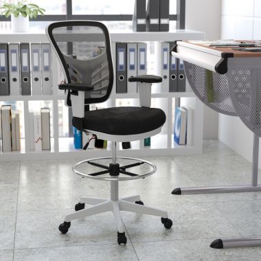Emma + Oliver Mid-Back Black Mesh/White Frame Adjustable Ergonomic Drafting Chair, Task Chair. View a larger version of this product image.