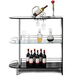 Costway Bar Table Wine Storage Unit w/Tempered Glass Shelf & Glass Holders Glossy
