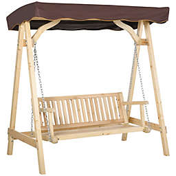 Outsunny 2-Person Outdoor Porch Swing with Wooden Stand, Strong A-Frame Design, & Adjustable Water-Fighting Canopy