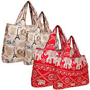 Wrapables Large & Small Foldable Nylon Reusable Bags, Set of 4, Elephants & Paris