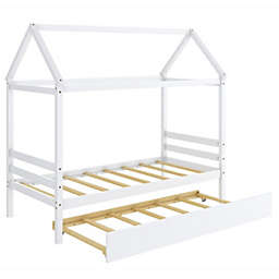 Slickblue Twin House Bed Frame with Trundle Roof Wooden Platform Mattress Foundation-White