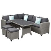 Saltoro Sherpi Max 5 Piece Outdoor Patio Sectional Sofa and Dining Table Set, Gray Rattan-