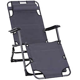 Outsunny 2-in-1 Folding Patio Lounge Chair w/ Pillow, Outdoor Portable Sun Lounger Reclining to 120°/180°, Oxford Fabric, Grey