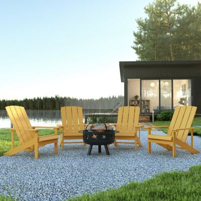 Flash Furniture 5 Piece Charlestown Yellow Commercial Poly Resin Wood Adirondack Chair Set with Fire Pit - Star and Moon Fire Pit with Mesh Cover