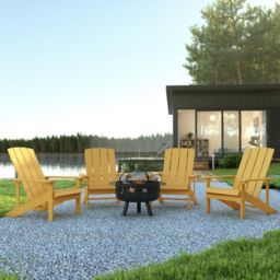 Flash Furniture 5 Piece Charlestown Yellow Commercial Poly Resin Wood Adirondack Chair Set with Fire Pit - Star and Moon Fire Pit with Mesh Cover