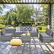 Gymax Set of 8 Gray Rattan Wicker Sofa & Table Outdoor Cushioned Sectional Patio Furniture