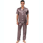 Lars Amadeus Men&#39;s Satin Pajama Sets Sleepwear Short Sleeves Button Down Elastic Waistband Solid Night Wear Set XX-Large Brown