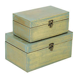 Cheungs Home Decorative Indoor Gift Vintage Storage Trunk Set Of 2 Distressed Brushed Gold Treasure Box