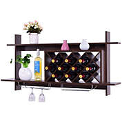Costway-CA Wall Mount Wine Rack with Glass Holder & Storage Shelf-Walnut