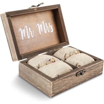 Juvale Wood Wedding Ring Box with Burlap Pillow Lining (6 x 4 x 2 in)