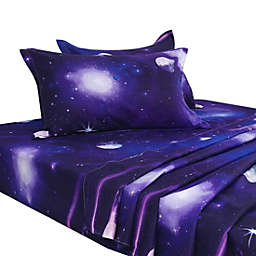 PiccoCasa Bed Sheet Set 4Pcs Galaxy Stars Themed Bedding Set With Pillow Case Purple, Full