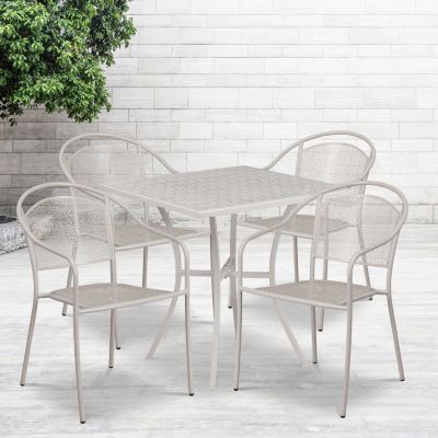 Emma + Oliver Commercial Grade 28" Square Light Gray Patio Table Set-4 Round Back Chairs