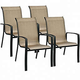Costway Set of 4 Stackable Patio Dining Chair with Ergonomic Backrest and Armrests-Brown