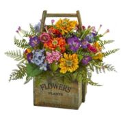 Nearly Natural 15" Pink, Blue, and Orange Artificial Mixed Floral Arrangement in Wood Basket